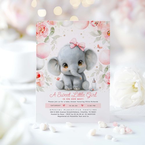 Blush Pink Gold Floral Elephant Baby Shower Invitation