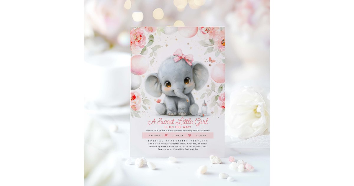 Blush Pink Gold Floral Elephant Baby Shower Invitation | Zazzle