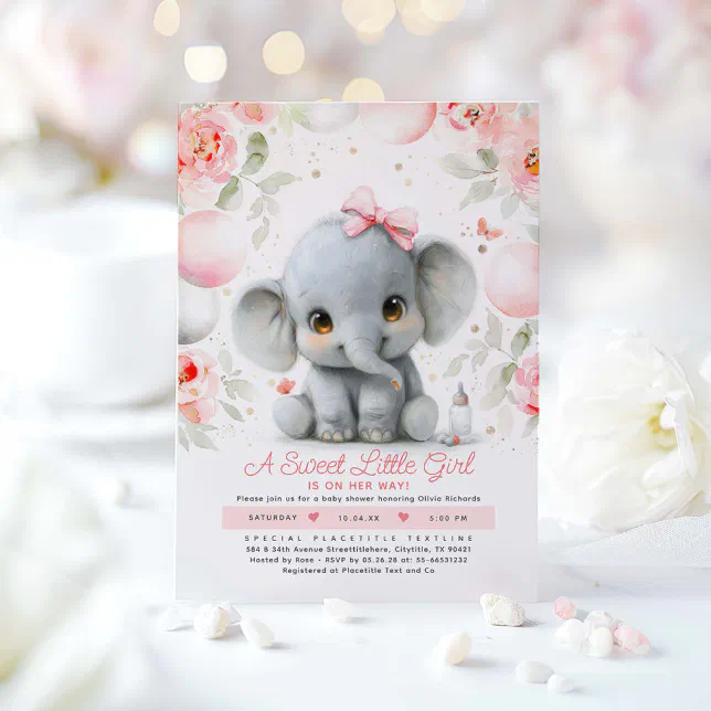 Blush Pink Gold Floral Elephant Baby Shower Invitation | Zazzle