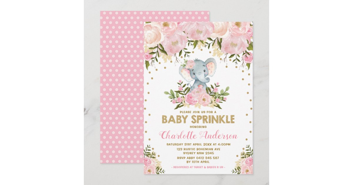 Blush Pink Gold Floral Elephant Girl Baby Sprinkle Invitation | Zazzle