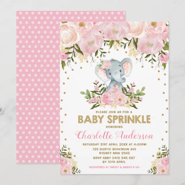 Blush Pink Gold Floral Elephant Girl Baby Sprinkle Invitation | Zazzle