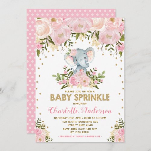 Blush Pink Gold Floral Elephant Girl Baby Sprinkle Invitation