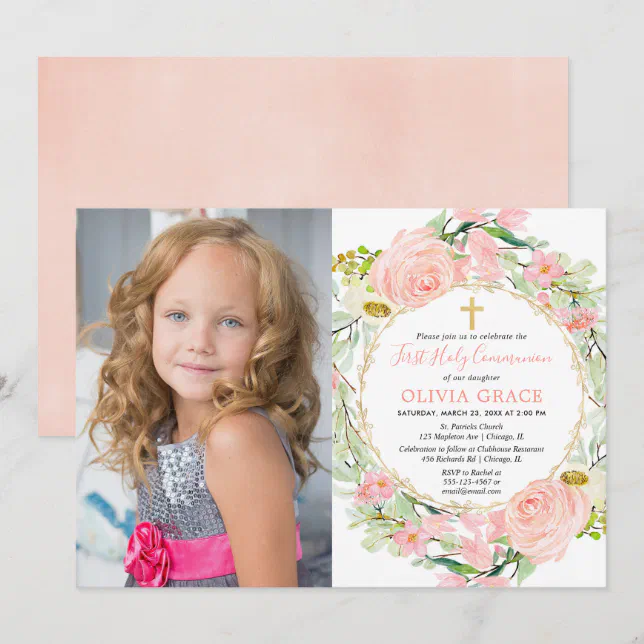 Blush pink gold floral First Holy Communion photo Invitation | Zazzle