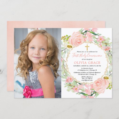 Blush pink gold floral First Holy Communion photo Invitation