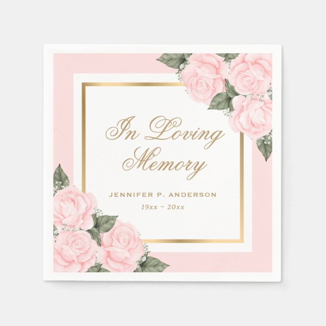 Blush Pink Gold Floral Funeral Memorial Napkins (Front)