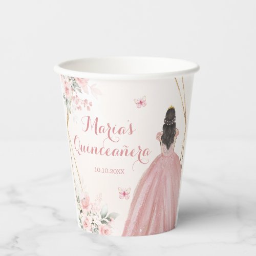 Blush Pink Gold Floral Geometric Quinceaera Paper Cups