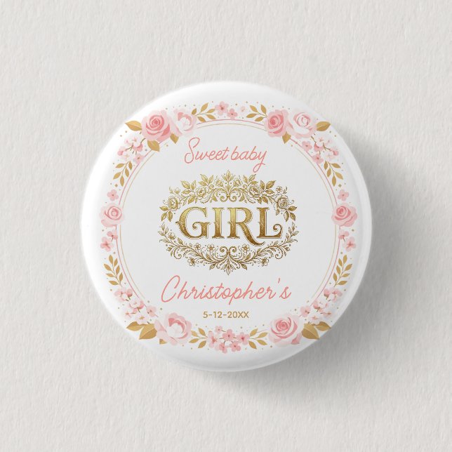 Blush Pink & Gold Floral Girl Baby Shower Button (Front)