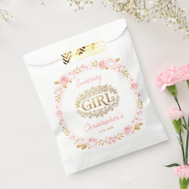 Blush Pink & Gold Floral Girl Baby Shower Favor Bag (Sealed)
