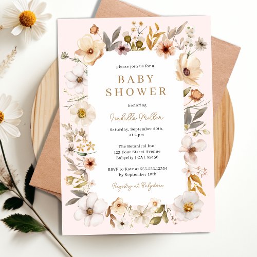 Blush Pink Gold Floral Girl Baby Shower Invitation