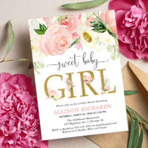 Blush pink gold Floral Girl baby shower Invitation