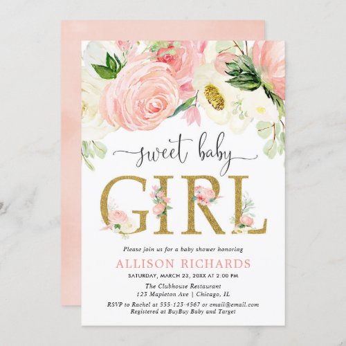 Blush pink gold Floral Girl baby shower Invitation