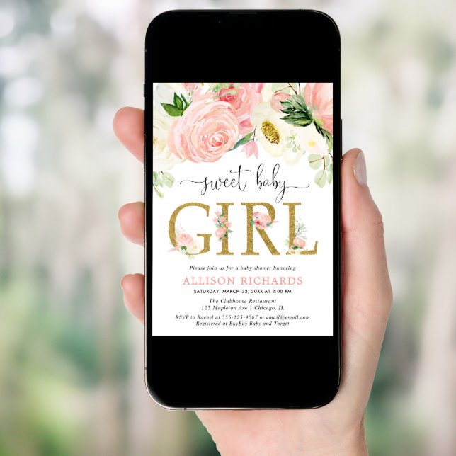 Blush pink gold Floral Girl baby shower Invitation (Front Digital)