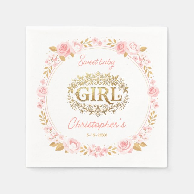 Blush Pink & Gold Floral Girl Baby Shower Napkins (Front)