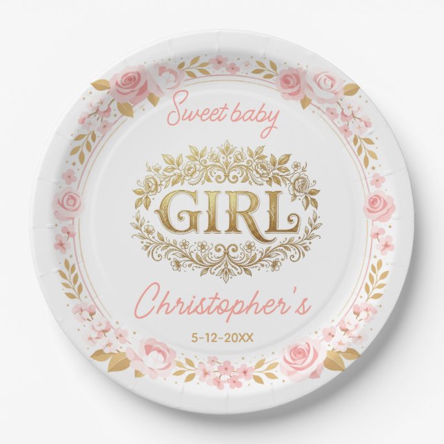 Blush Pink & Gold Floral Girl Baby Shower Paper Plates (Front)