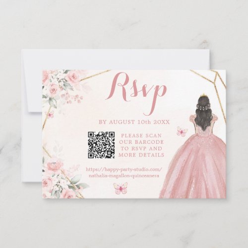 Blush Pink Gold Floral Girl Charra XV Aos QR RSVP Card