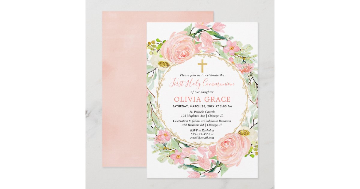 Blush pink gold floral girl First Holy Communion Invitation | Zazzle