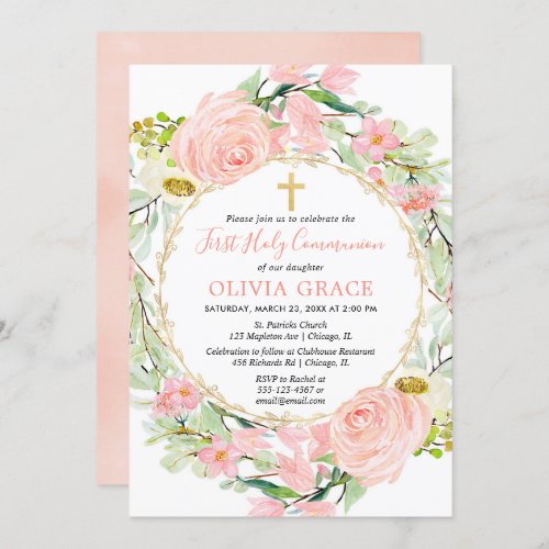 Blush pink gold floral girl First Holy Communion Invitation