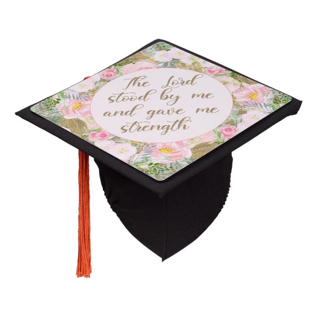Blush Pink Gold Floral Graduation Bible Verse Cap Topper (Angled)