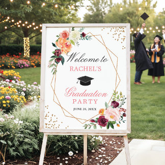 Blush Pink Gold Floral Graduation Party Welcome Poster