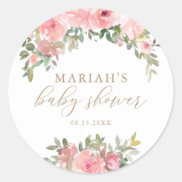 Blush Pink Gold Floral Greenery Baby Shower Classic Round Sticker