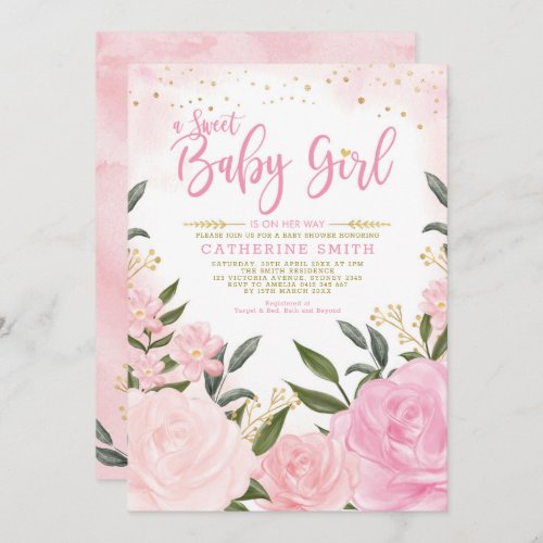 Blush Pink Gold Floral Greenery Girl Baby Shower Invitation