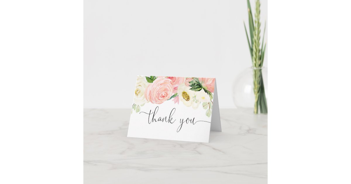 Blush pink gold floral greenery watercolor elegant thank you card | Zazzle