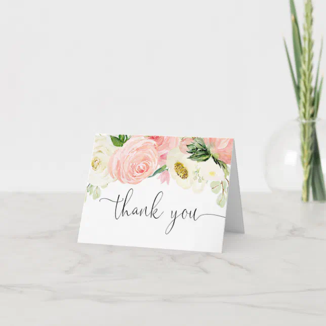 Blush pink gold floral greenery watercolor elegant thank you card | Zazzle