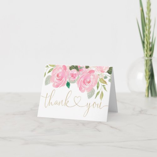 Blush pink gold floral greenery watercolor elegant thank you card