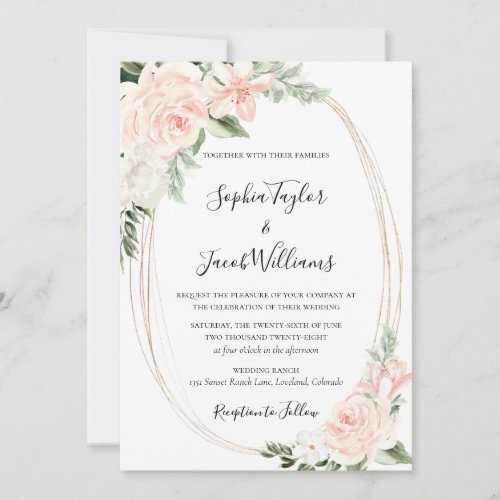 Blush Pink Gold Floral Greenery Wedding Invitation