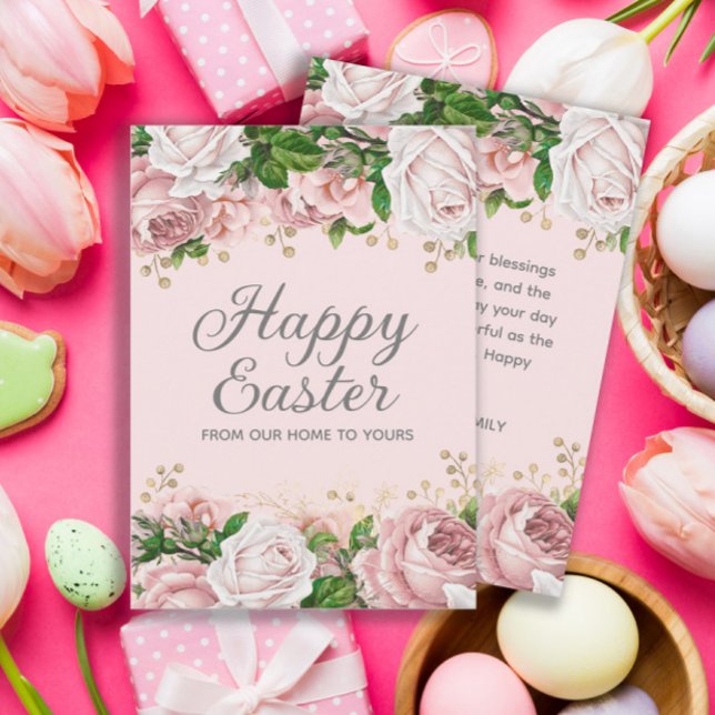 Blush Pink Gold Floral Happy Easter Holiday Card (Pink roses/floral "Happy Easter" greeting card)