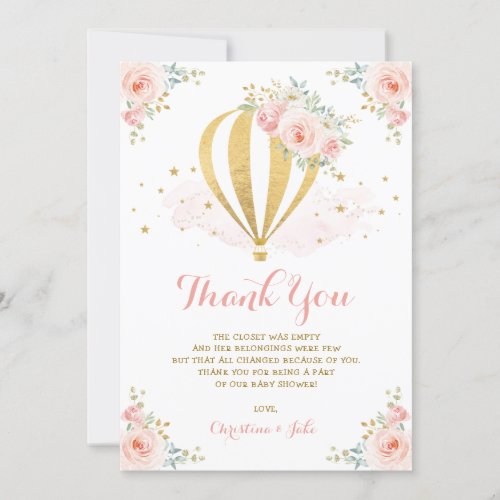 Blush Pink Gold Floral Hot Air Balloon Baby Shower Thank You Card