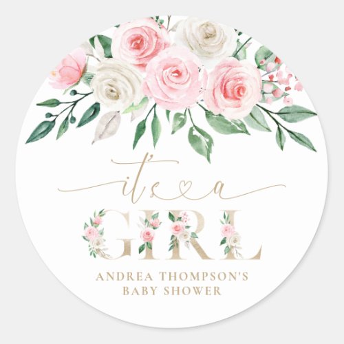 Blush Pink Gold Floral Its A Girl Baby Shower Classic Round Sticker