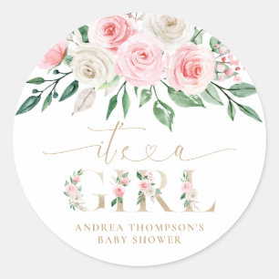 Blush Pink Gold Floral It's A Girl Baby Shower Classic Round Sticker