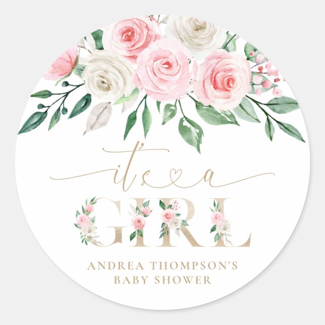 Blush Pink Gold Floral It's A Girl Baby Shower Classic Round Sticker (Front)