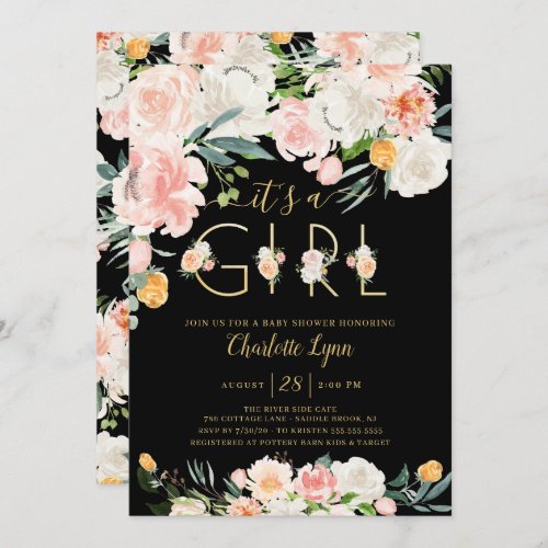 Blush Pink Gold Floral Its A Girl Baby Shower Invitation