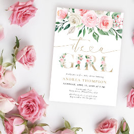 Blush Pink Gold Floral It's A Girl Baby Shower Invitation