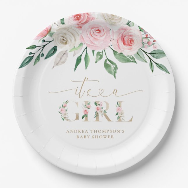 Blush Pink Gold Floral It's A Girl Baby Shower Paper Plates (Front)