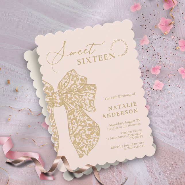 Blush Pink & Gold Floral Lace Bow Sweet Sixteen Invitation (Blush Pink & Gold Floral Lace Bow Sweet Sixteen Invitation)
