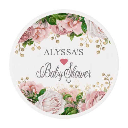 Blush Pink Gold Floral Little Girl Baby Shower   Edible Frosting Rounds