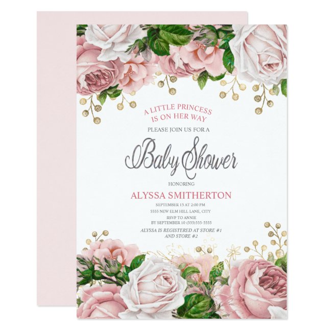 Blush Pink Gold Floral Little Girl Baby Shower Invitation