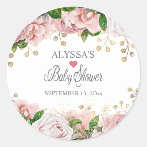 Blush Pink Gold Floral Little Girl Baby Shower  Na Classic Round Sticker