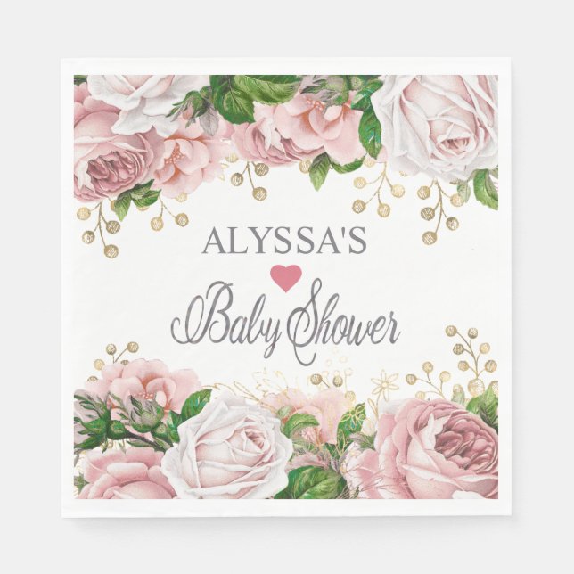 Blush Pink Gold Floral Little Girl Baby Shower  Napkins (Front)