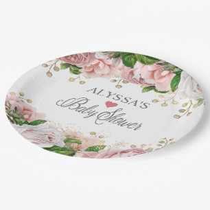 Blush Pink Gold Floral Little Girl Baby Shower Paper Plates
