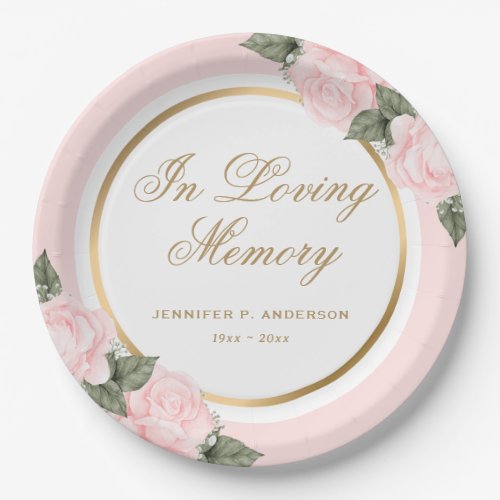 Blush Pink Gold Floral Memorial Funeral Paper Plates