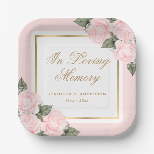Blush Pink Gold Floral Memorial Funeral Paper Plates (Front)