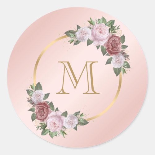 Blush Pink Gold Floral Monogram Initial Classic Ro Classic Round Sticker