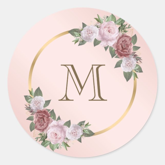 Blush Pink Gold Floral Monogram Initial Classic Ro Classic Round Sticker (Front)