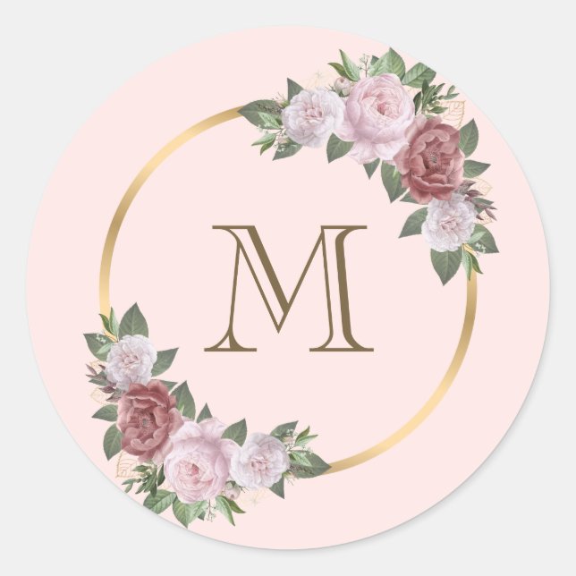 Blush Pink Gold Floral Monogram Initial Classic Round Sticker (Front)