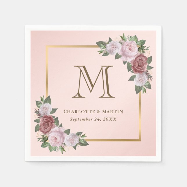 Blush Pink Gold Floral Monogram Wedding Napkins (Front)