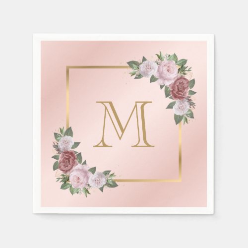Blush Pink Gold Floral Monogram Wedding Napkins